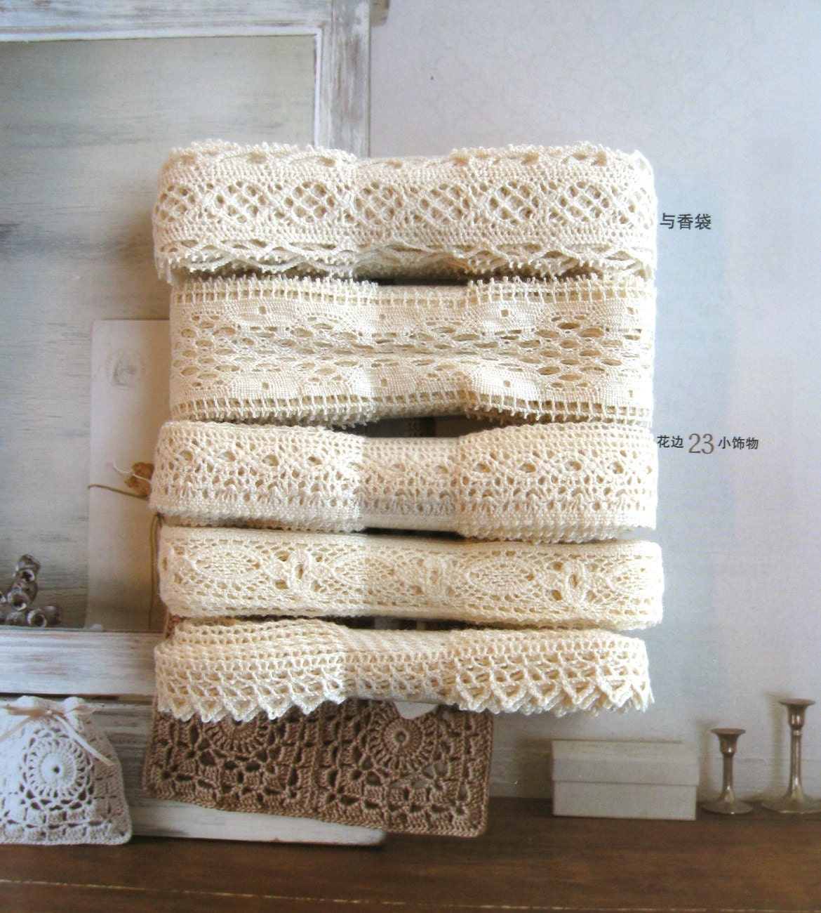 Cotton Lace Fabric Trim - Light Cream Floral Crochet Scallop Cotton Lace Ribbon Trim Set 5 Designs Set 10 Meters LAST SET
