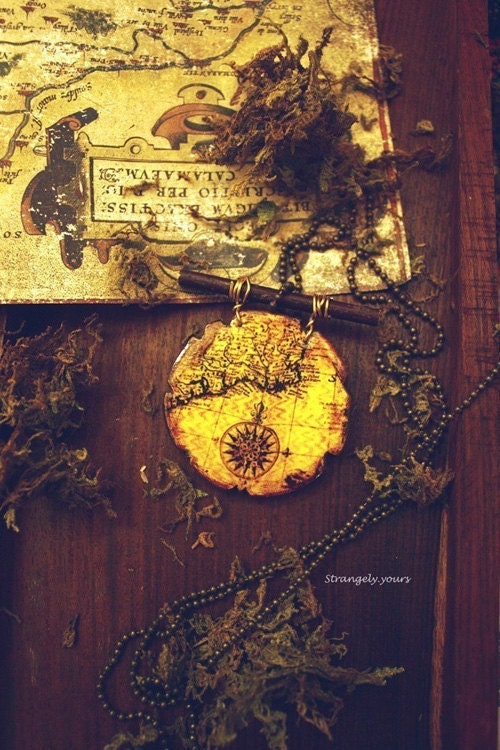 The Traveller - Steampunk map necklace with optional leather locket