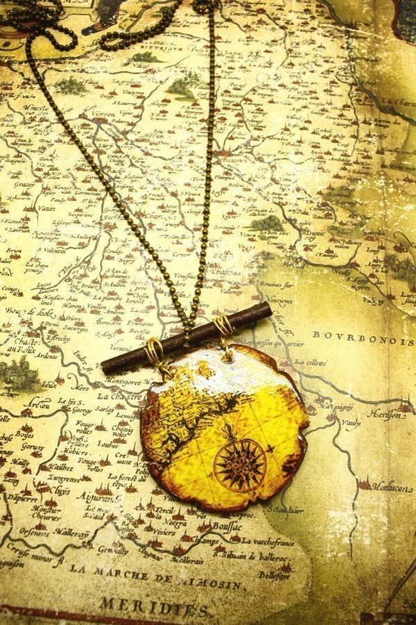 The Traveller - Steampunk map necklace with optional leather locket