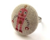 Robot Ring- Adjustable Ring with a Pink Retro Robot Fabric Covered Button- We Heart Robots