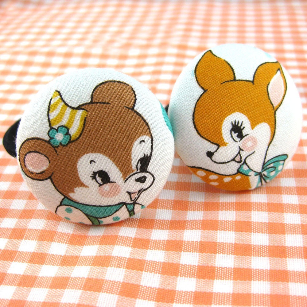 Animal Ponytail Holders - BIG Button Fabric Covered Button Ponytail Holders - Retro Japanese Fabric