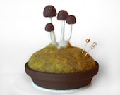 Mushroom Pincushion - Made To Order, Brown on Spring Moss - Nature Themed Decor - FoxtailCreekStudio