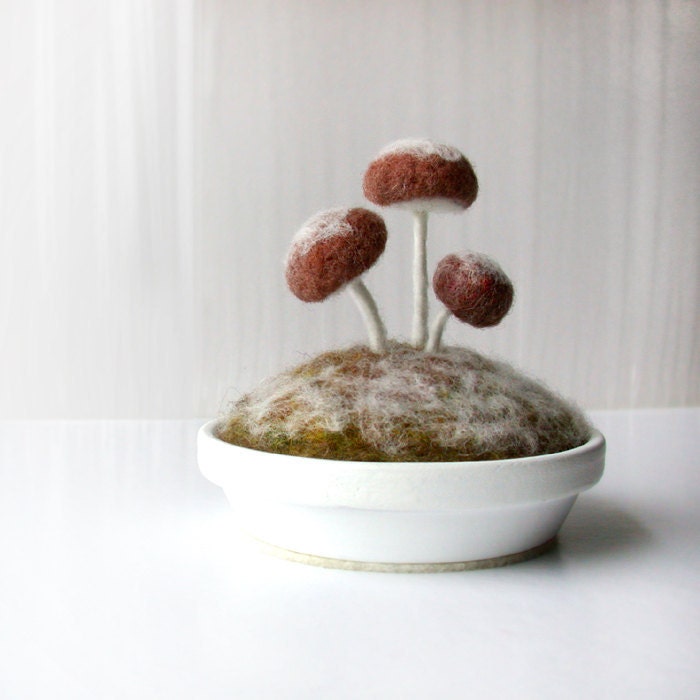 Frosty Mushrooms Pincushion Home Decor Nature Scene Made To Order