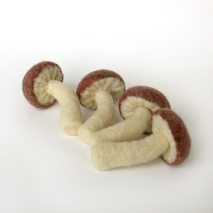 Felted Mushrooms in Mixed Brown Set of Four Made To Order Nature Home Decor