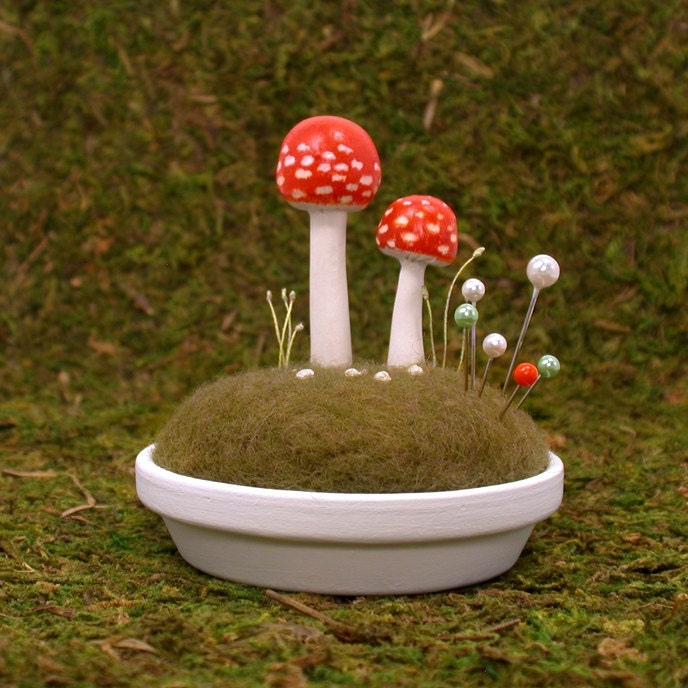 Pincushion Sculpted Red Amanita Mushrooms in Wool Moss Made To Order - Home Decor Nature Display