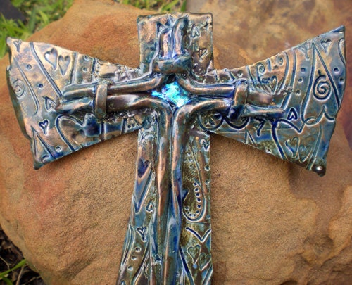 Turquoise and Gold Twisted Wire Wall Cross