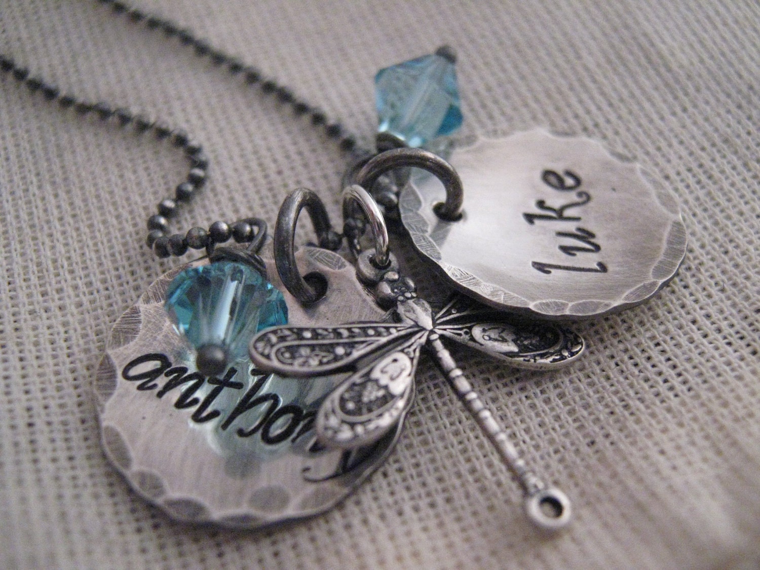 Fly Two - hand stamped mothers necklace - hand stamped necklace  with dragonfly charm - birthstone necklace