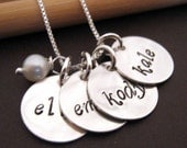 Hand Stamped Mommy Necklace - Four Loves - personalized mothers necklace with pearl