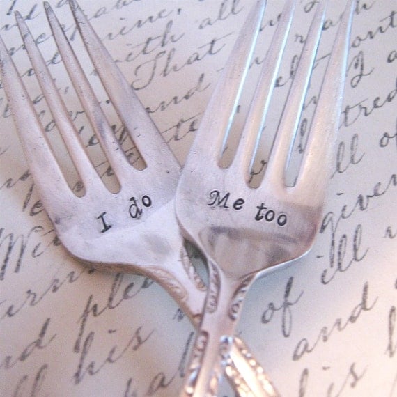 I Do Wedding Forks - Dessert Forks - hand stamped bridal accessory - Wedding Cake Toppers