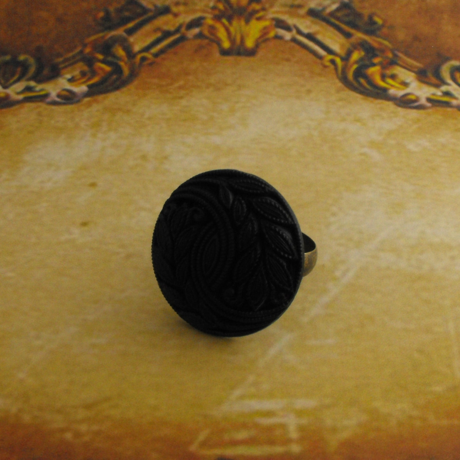 Large Black Button Ring with Leaf Pattern & Antique Brass Adjustable Ring Base Vintage Style Jewellery