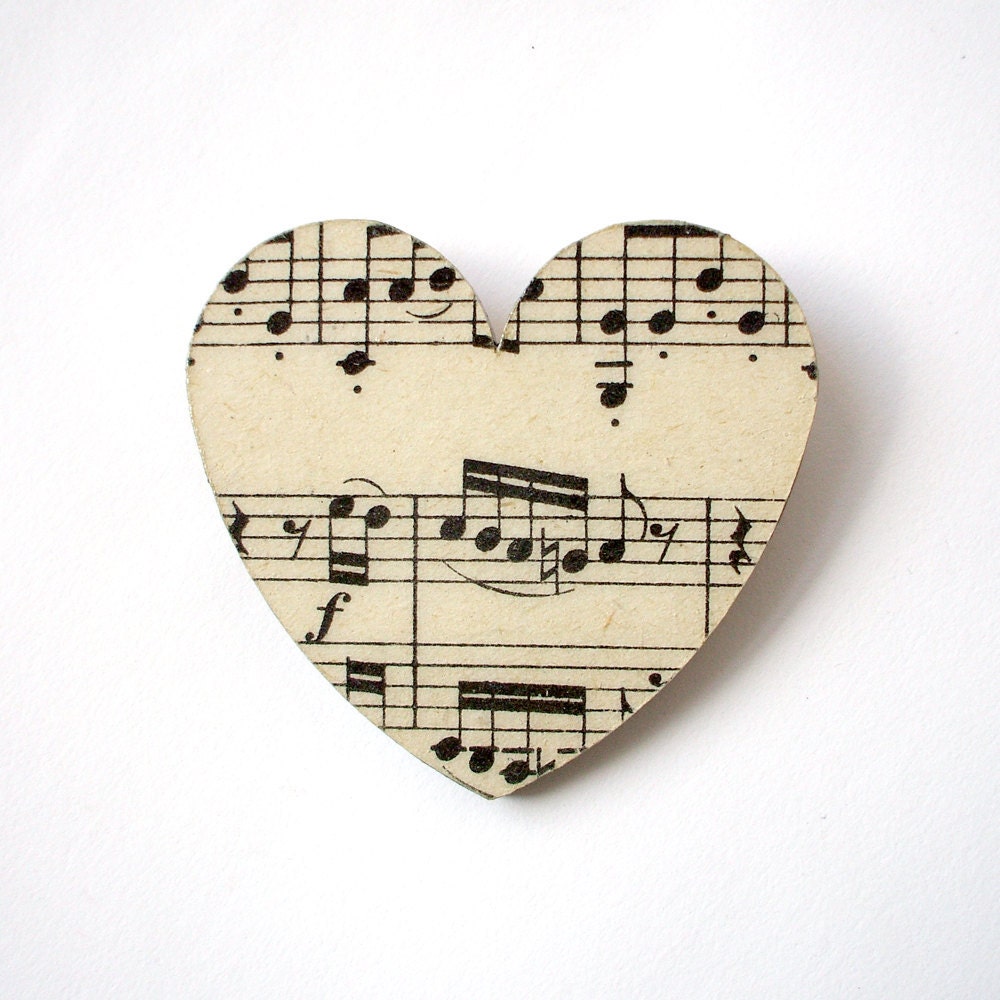 Vintage music paper heart brooch - large