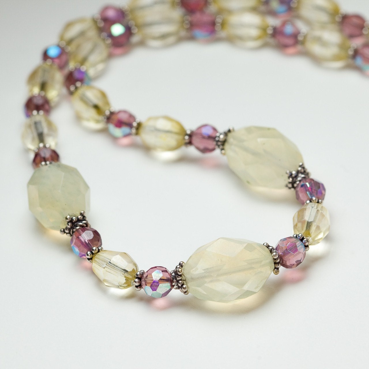 SALE Sterling Silver Faceted Lemon Topaz and Czech Glass Necklace- Vintage Style