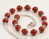 SALE Red Sponge Coral and White Pearl Necklace with Floral Leaf Clasp