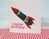 Space Rocket Happy Birthday Printed Card 5 x5"