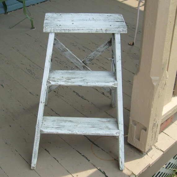 Vintage chippy white wood step ladder by trendybindi on Etsy