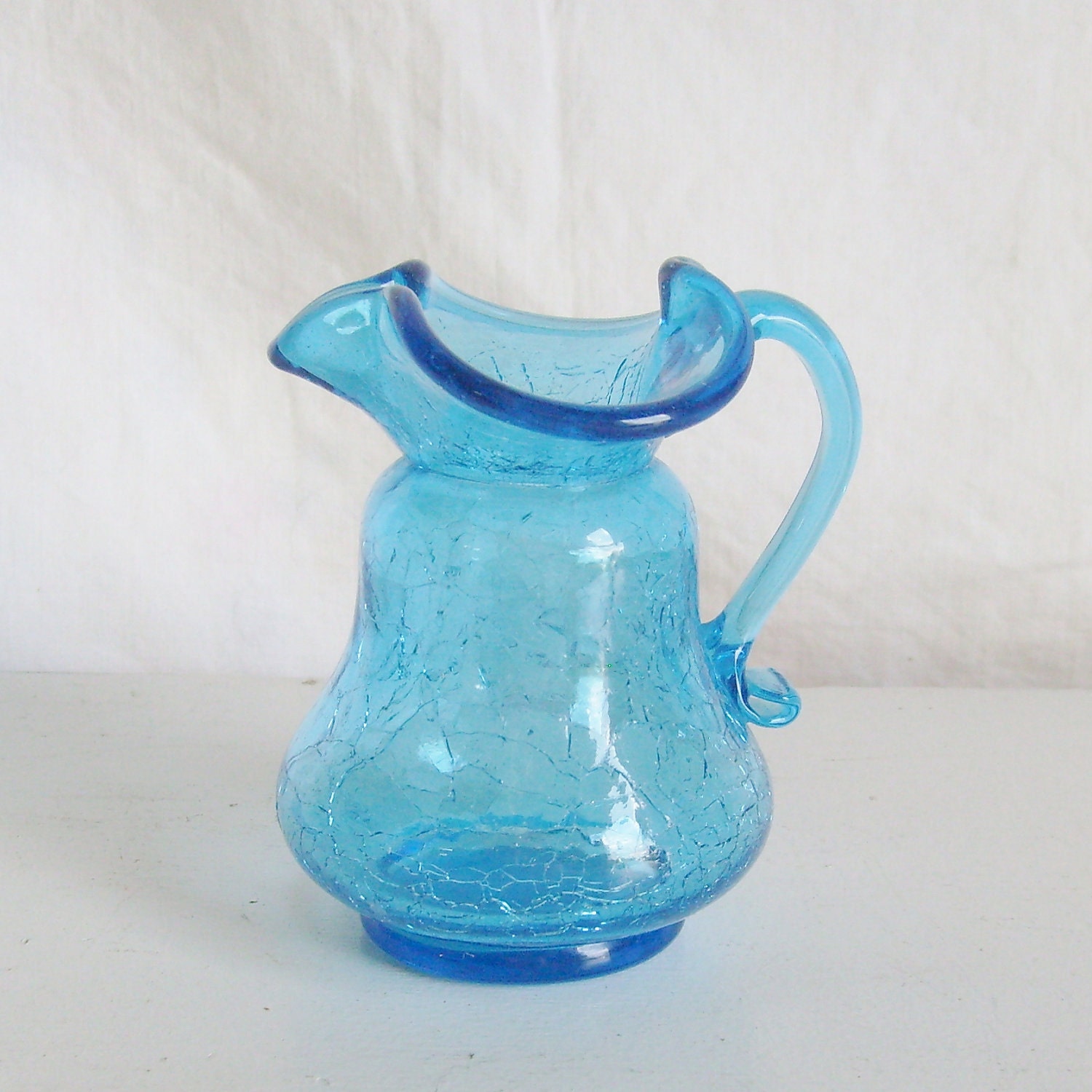 Vintage crackle glass pitcher blue small creamer by trendybindi
