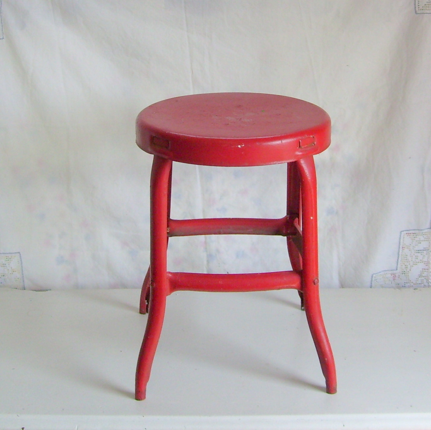 Vintage industrial metal stool red paint