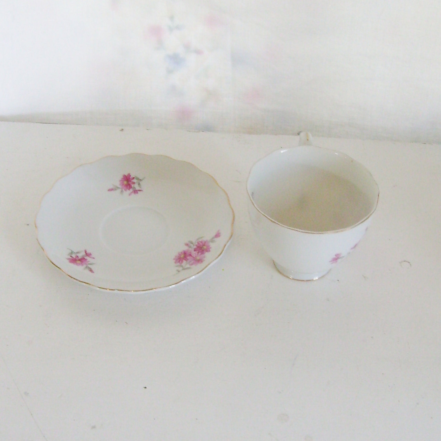 Mothers Day Sale Vintage tea cup and saucer set with pink daisies img
