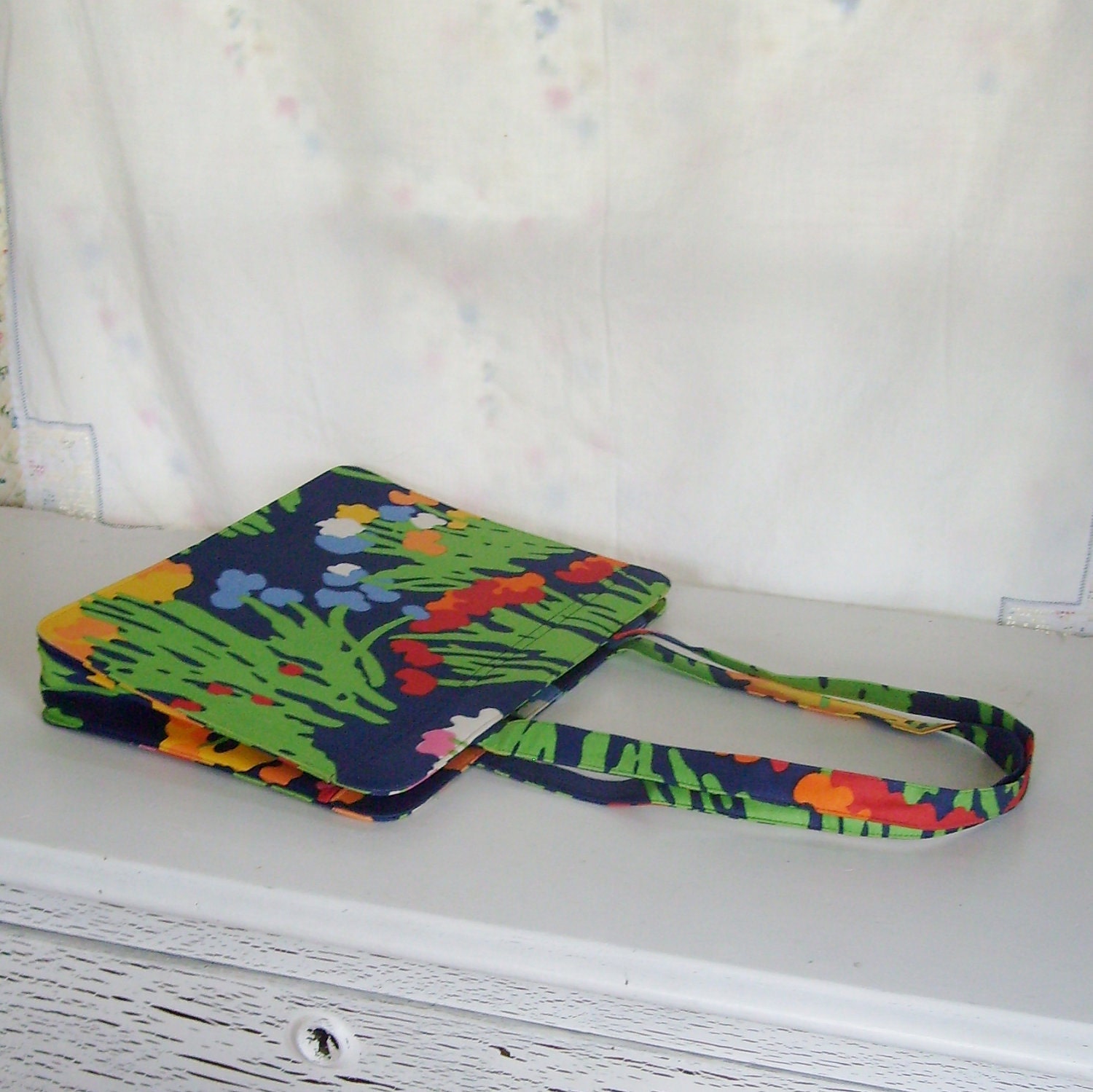 Memorial Day Sale Vintage Margaret Smith handbag purse floral vibrant colors on blue background fabric