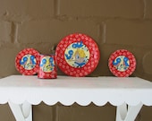 Vintage Metal Tea Set Children Girl Bird Red Blue Plates Pitcher