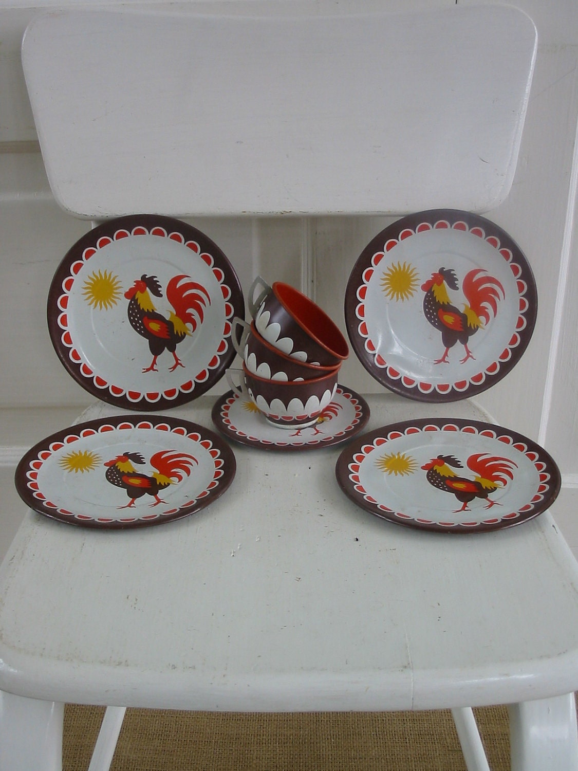 Vintage Metal Tea Set Cups Children Girl Rooster Chicken Farm Orange Brown