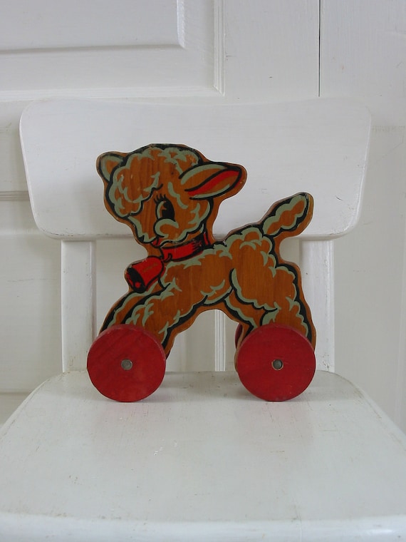 Vintage Wood Toy Children Pull Sheep Lamb Retro
