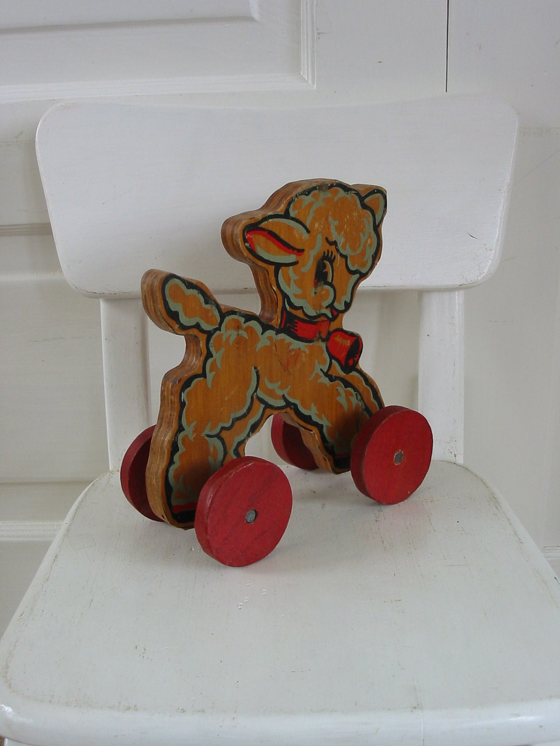 Vintage Wood Toy Children Pull Sheep Lamb Retro