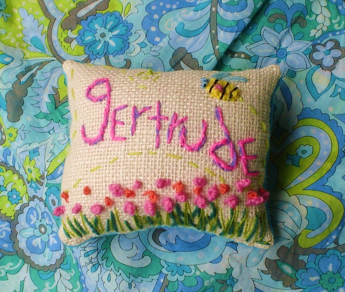 RESERVED for KELLY Custom Name Mini Pillow Freehand Crewel Embroidery