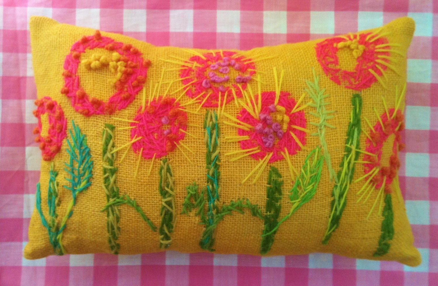 Mod Posie Garden Freehand Embroidered Burlap Pillow