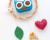 Owl Dreamcatcher Wall Hanging Plush Felt Feathers Hand Embroidery Nursery Teal Orange MADE TO ORDER