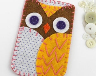 Felt Owl iPhone 5 Samsung Blackberry Case Cozy Polka Dot Brown Yellow MADE TO ORDER