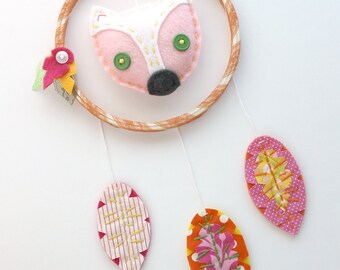 Fox Dreamcatcher Wall Hanging Plush Felt Feathers Hand Embroidery Pink Orange MADE TO ORDER