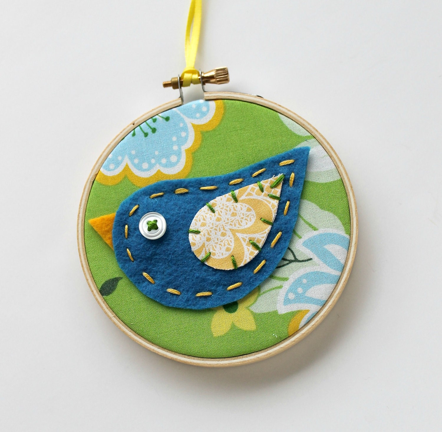 Embroidery Hoop Wall Art Blue Bird Modern 4 inch Hanging Cute Whimsical