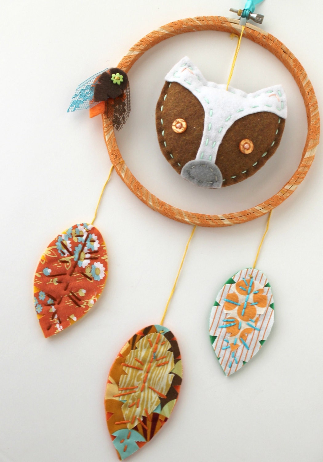 Fox Dreamcatcher Wall Hanging Plush Eco Felt Feathers Hand Embroidery MADE TO ORDER