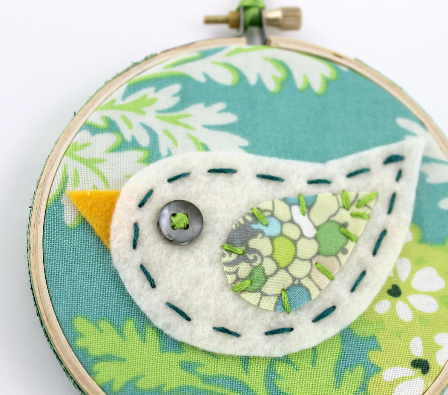 Sale Felt Bird Embroidery Hoop Wall Art Modern 4 inch Hanging Cute Green Blue READY TO SHIP