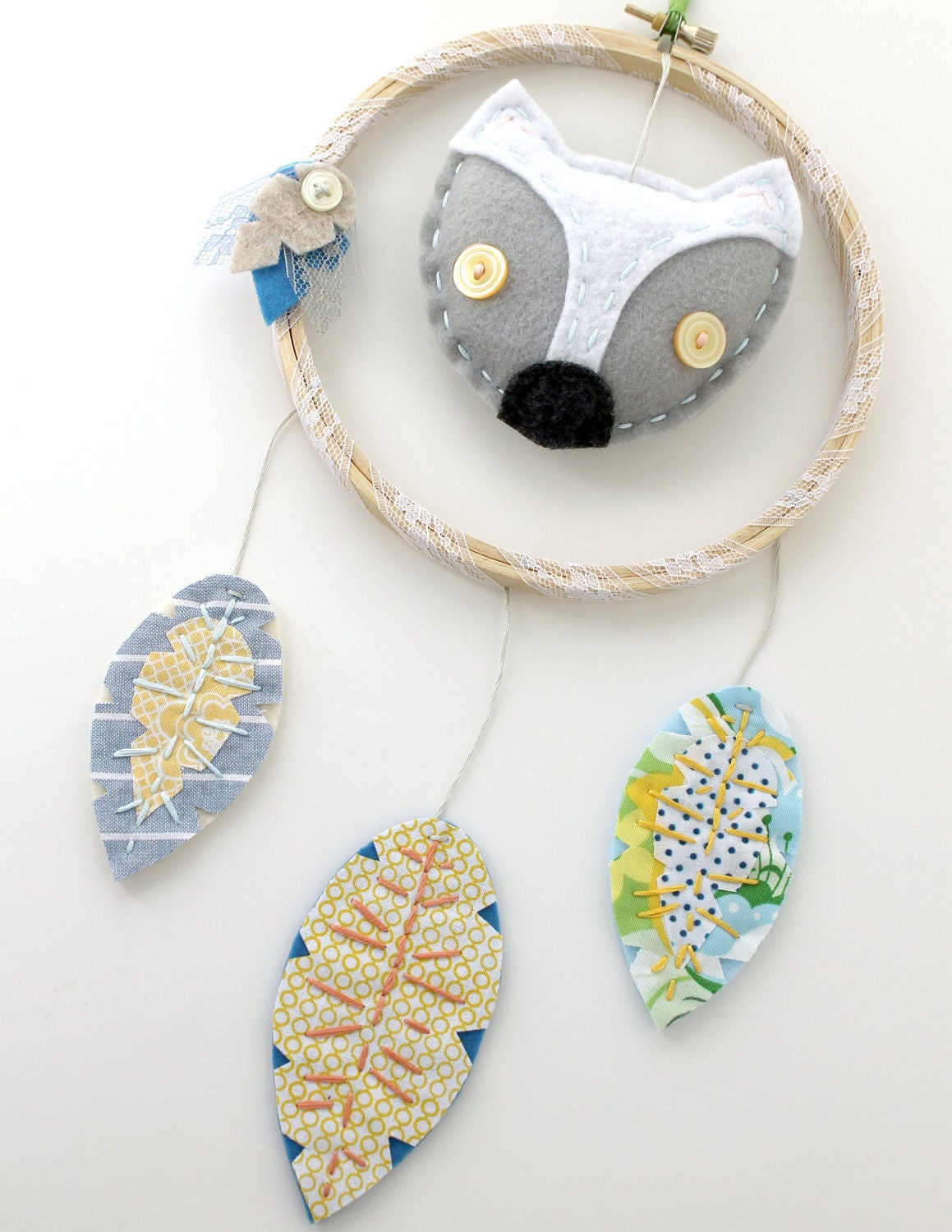Dreamcatcher Fox Wall Hanging Plush Eco Felt Feathers Hand Embroidery Yellow Blue MADE TO ORDER