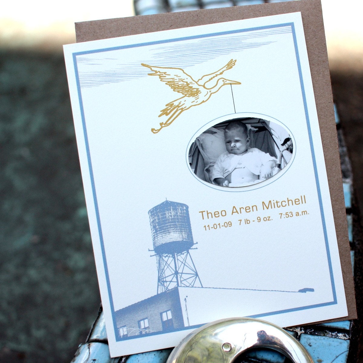 City crane-Brooklyn watertower baby birth announcement (set of 10)