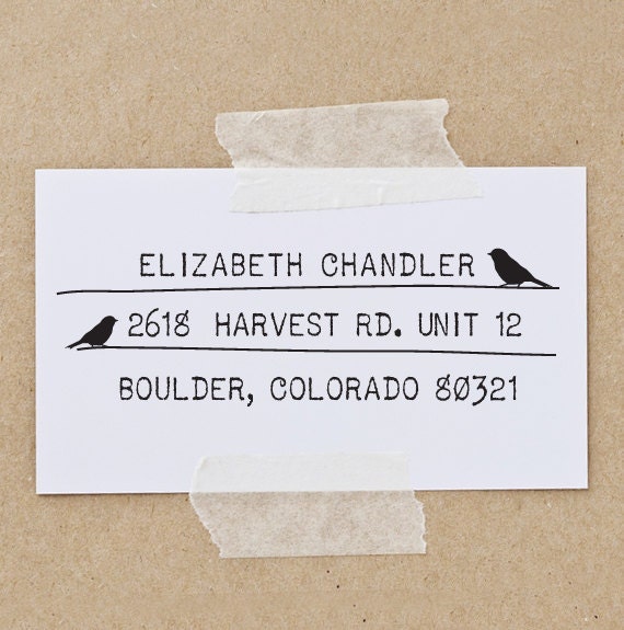 Custom Return Address Stamp - Wood Handle - cute birds wedding housewarming gift - 1011