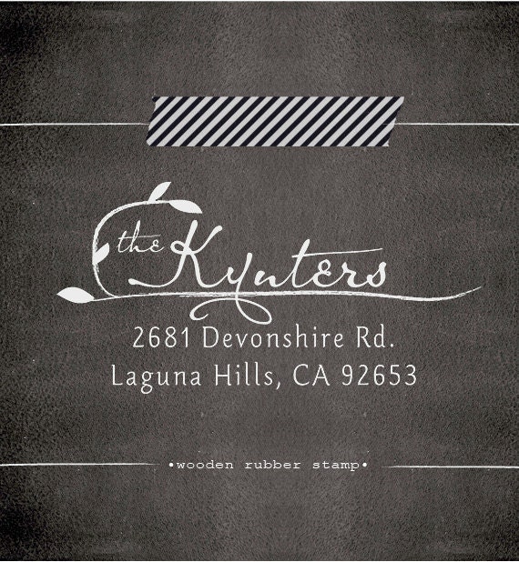 Custom Address Stamp - Wood Handle - natural leaf and lines - wedding personal housewarming gift - 1032