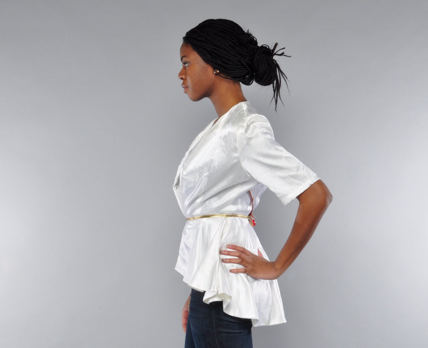Vintage 80's / White Satin Jacket / Waterfall Peplum / Puff Sleeve / S / Handmade