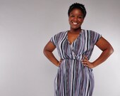 Vintage Surplice Dress // Textured Ribbed Faux Wrap Dress // L XL