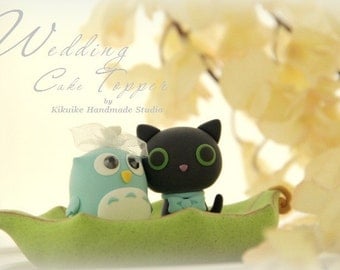 LOVE ANGELS Wedding Cake Topper-love owl  and cat  with leaf boat