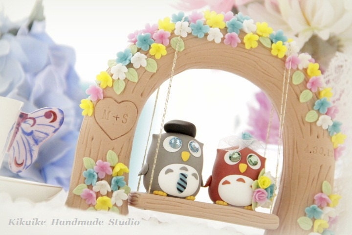 Custom Wedding Cake Topper -Handmade love Owls with love flower tree and a swing