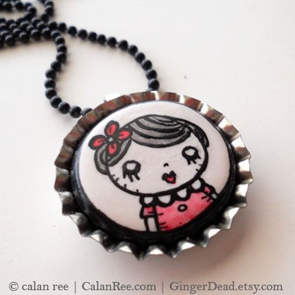 Doll Girl Necklace - OOAK wearable art jewelry - pen and ink on polymer clay by Calan Ree