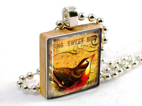 Sing Sweet Bird: pendant charm made from a Scrabble Game Tile game piece (AP159)