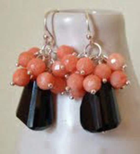 Faceted Jet Black Onyx & Angelskin Coral gemstone earrings. Sterling silver