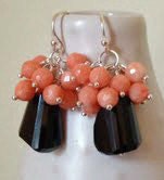 Faceted Jet Black Onyx & Angelskin Coral gemstone earrings. Sterling silver