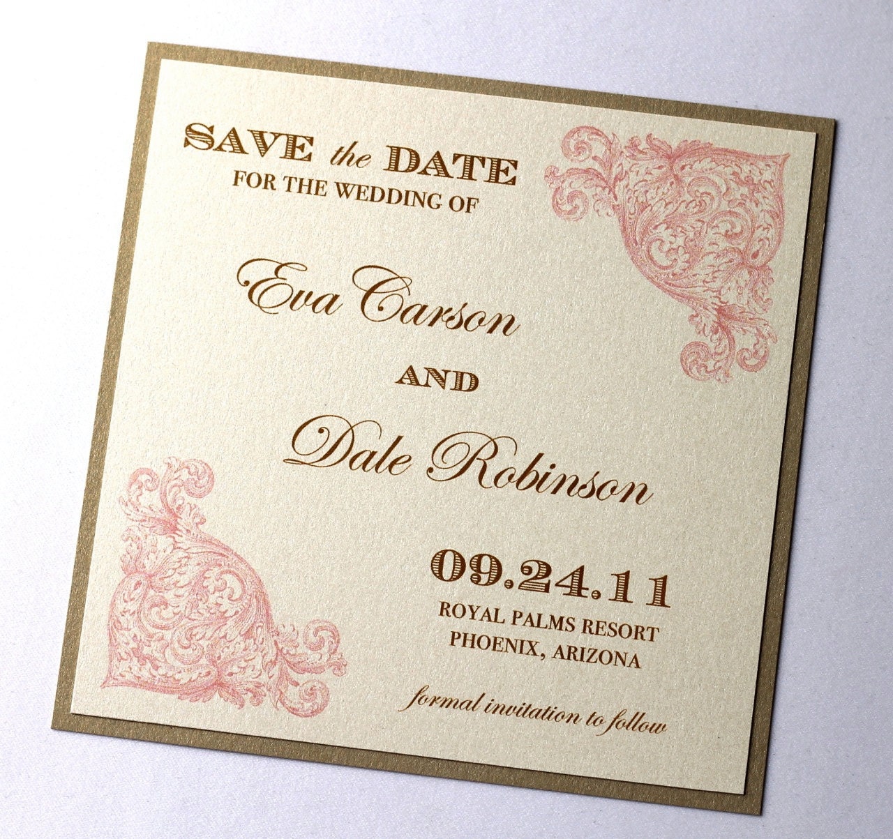 Eva Vintage Wedding Save the Date - Sample - Vintage Style - Ecru, Creme, Pink, Gold