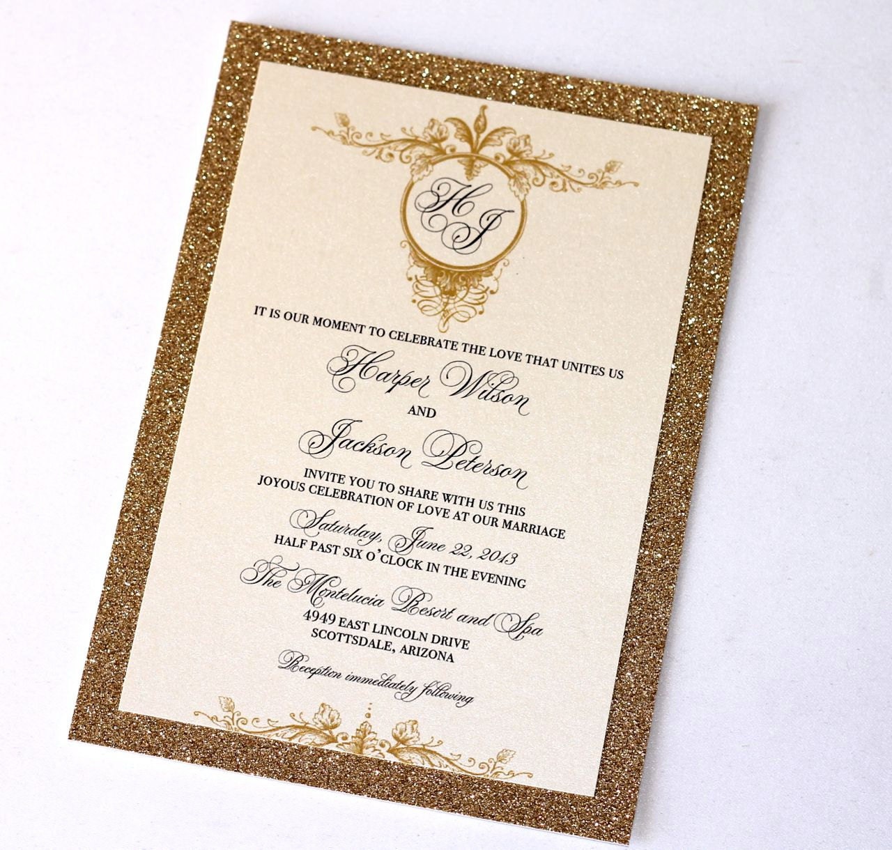 Harper Vintage Bling Invitation Set Sample - Ivory, Creme, Gold Glitter