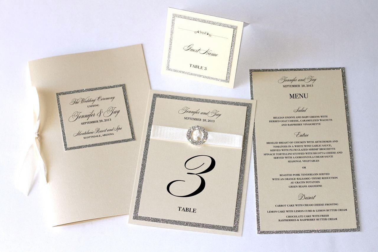 Jennifer Coordinating Reception Stationery Sample Set - Menu, Table Number, Place Card, Program - Silver Glitter and Ivory Creme